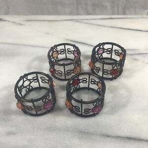 Set of 4 Metal Wire Beaded Napkin Rings Bronze Tone Multi-Color Gems